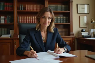 Notaire professionnelle en bureau consultant des documents officiels avant la signature d'un acte notarié