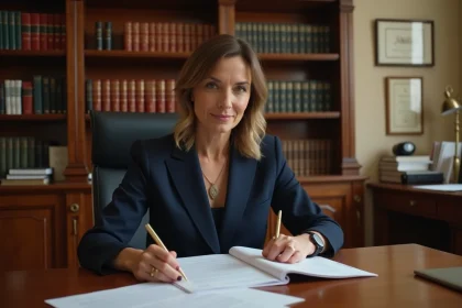 Notaire professionnelle en bureau consultant des documents officiels avant la signature d'un acte notarié