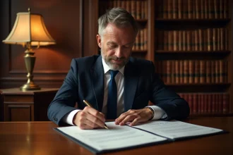 Notaire examinant des documents fiscaux avant signature d'un acte marchand de bien