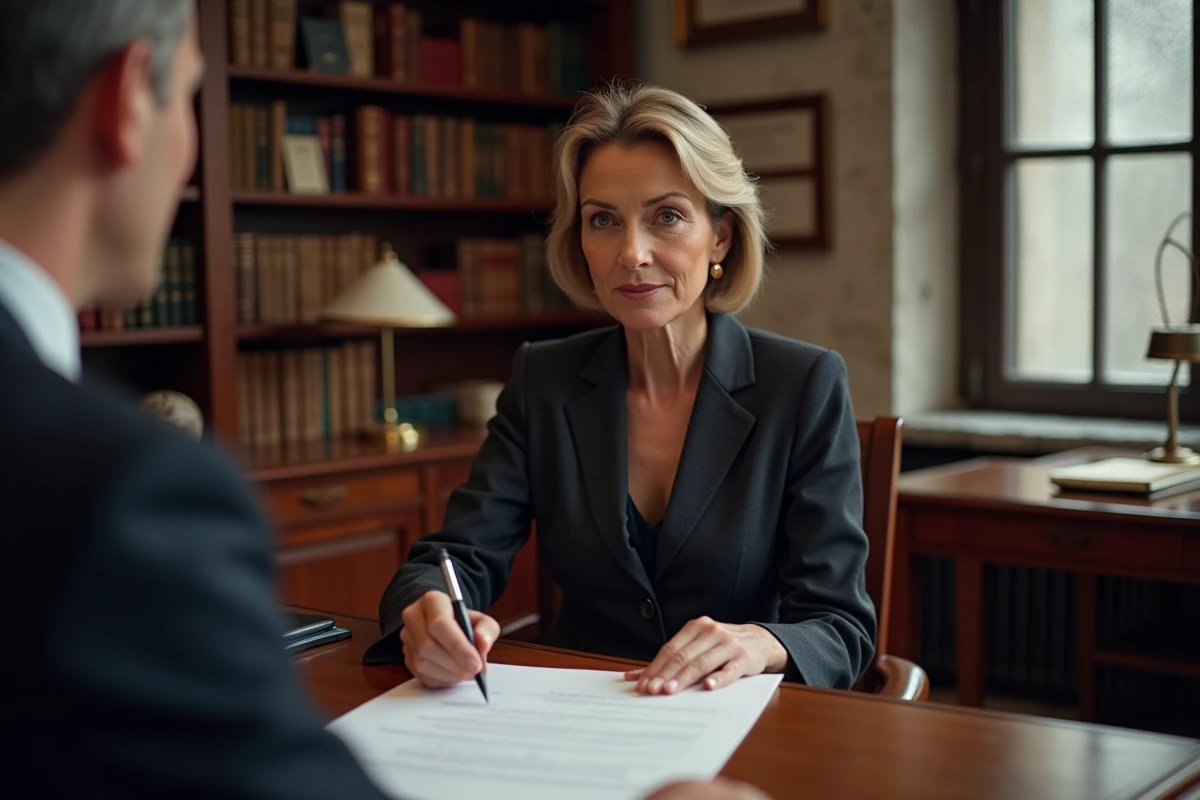 Notaire présentant des documents fiscaux à un client dans un office notarial traditionnel français