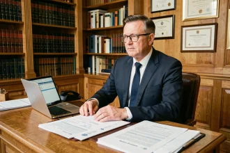 Notaire analysant les documents de fiscalité immobilière 2026 dans son bureau professionnel
