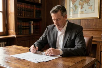 Notaire en bureau consulte des documents officiels pour un achat de terrain à construire