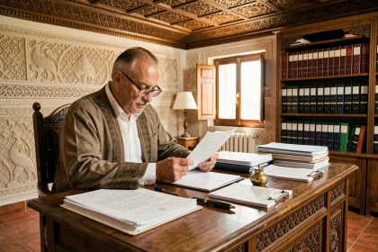 Notaire marocain en djellaba révisant un contrat immobilier dans son bureau traditionnel à Marrakech