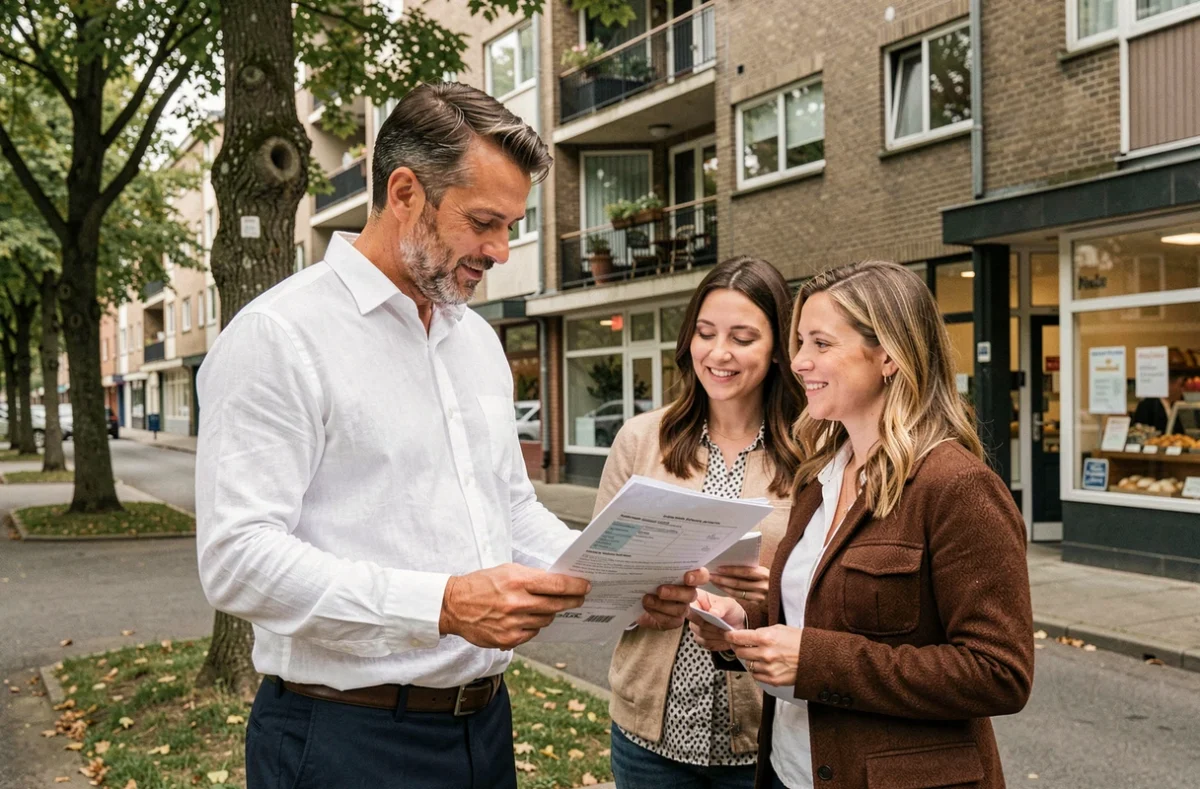 Gestionnaire de syndic de proximité discutant avec des copropriétaires à Orléans dans le Loiret