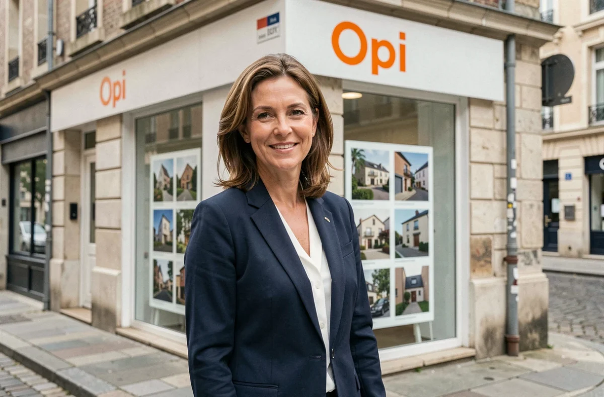 Agente immobilière professionnelle devant la vitrine de l'agence Orpi Carrot Immobilier dans la Drôme