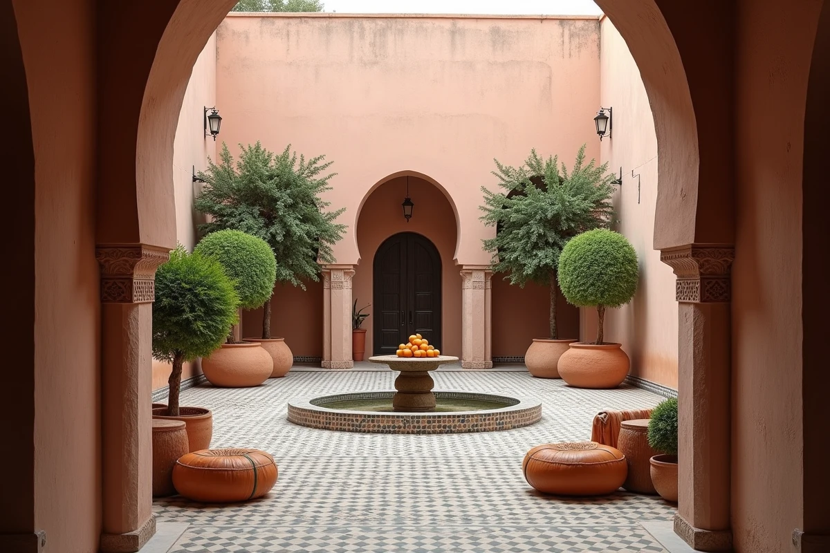 Patio intérieur d'une villa à Marrakech avec fontaine en mosaïque, orangers en pot et salon de repos sous un porche en stuc sculpté, idéal pour séduire les acheteurs