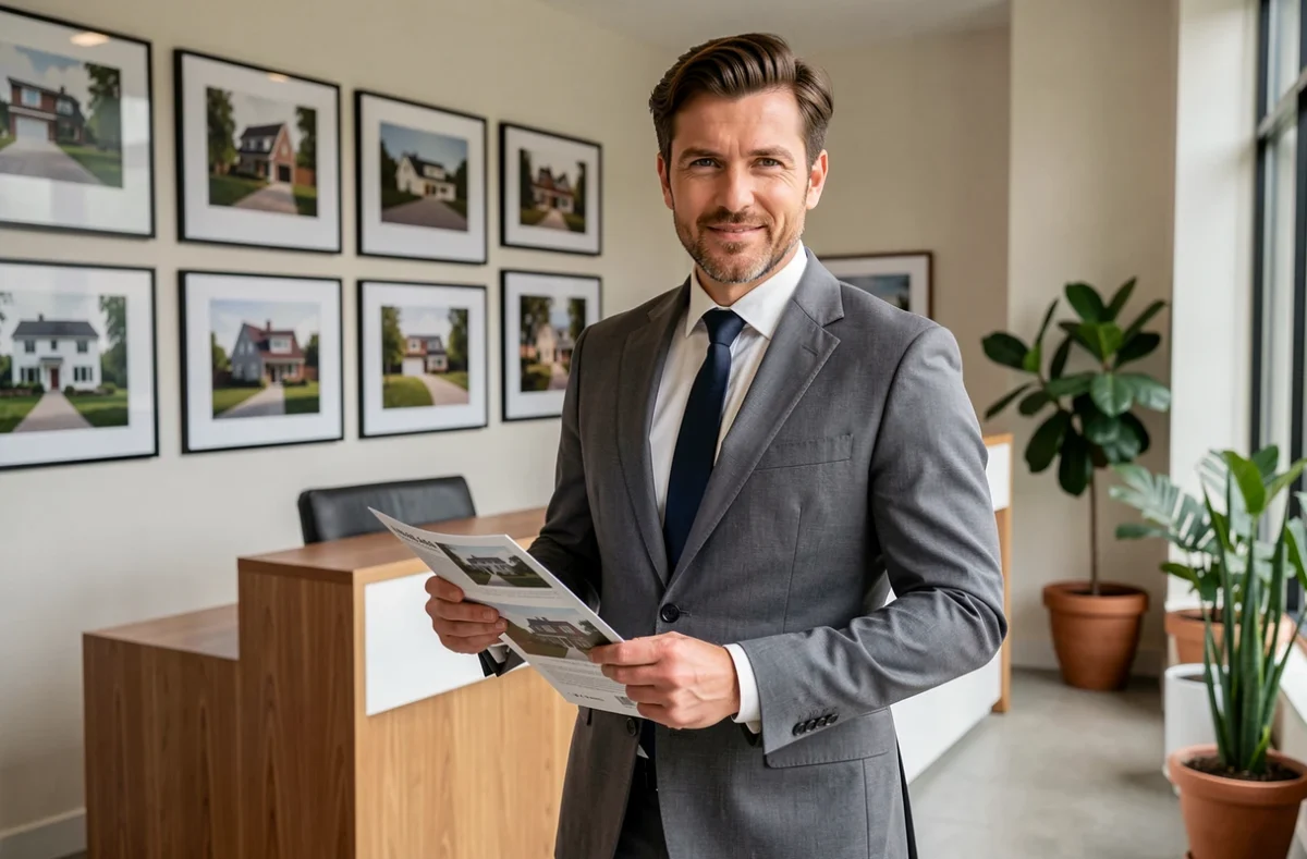 Agent immobilier de Paul Clappe Immobilier dans son bureau élégant de la Drôme présentant des biens immobiliers