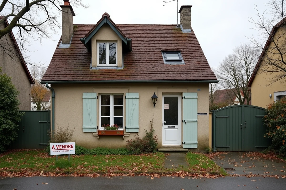 Façade d'un pavillon en vente urgente en Moselle avec panneau À Vendre, maison concernée par un divorce et crédit en cours