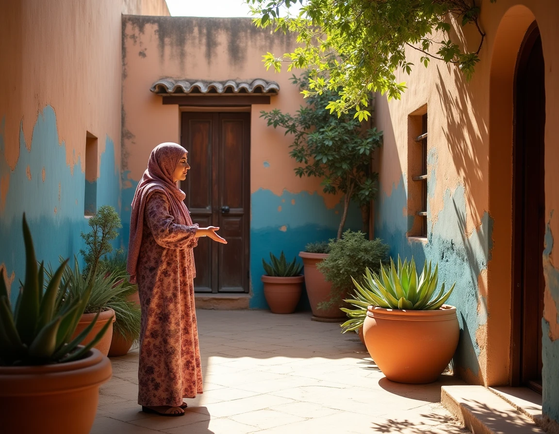 Petit jardin typique d'une maison à Essaouira lors d'une visite avant signature de bail