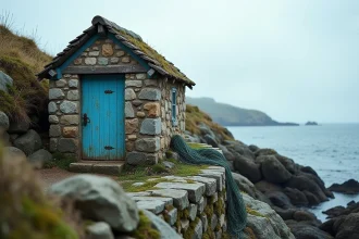 Petite maison de pêcheur en pierre avec vue mer sur une côte rocheuse, porte bleue délavée et filets de pêche