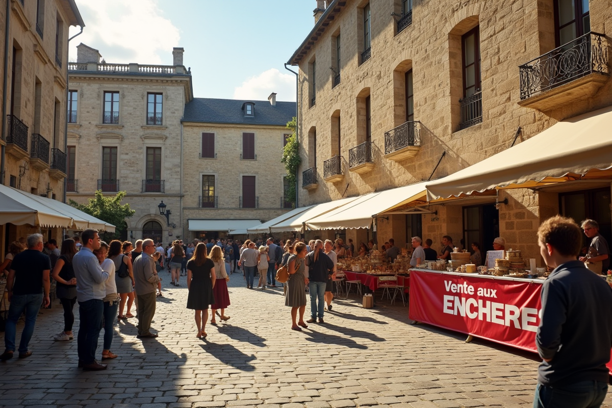 Marché aux enchères dans une place française avec foule et architecture ancienne