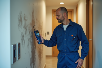 Plombier homme en overalls examine des taches d'humidite