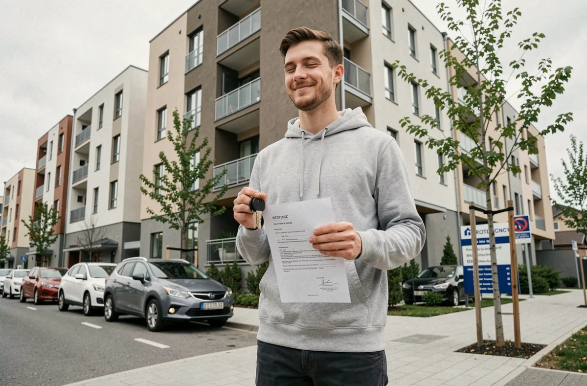 Jeune primo-accédant tenant ses clés devant son nouvel appartement financé avec des aides et prêts aidés
