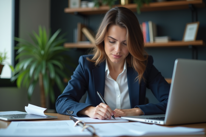 Femme professionnelle en bureau avec dossier assurance