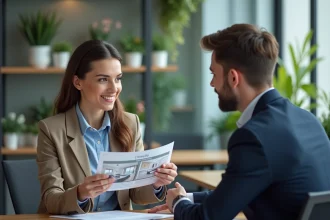 Femme en costume expliquant une annonce immobiliere