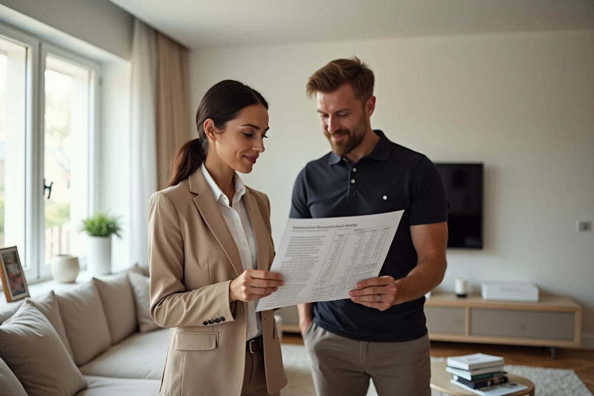 Deux professionnels de la rénovation analysant un rapport financier dans un salon fraîchement rénové au parquet en chevrons