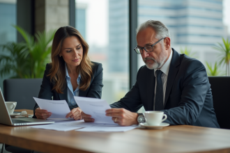 Deux professionnels en réunion dans un bureau moderne
