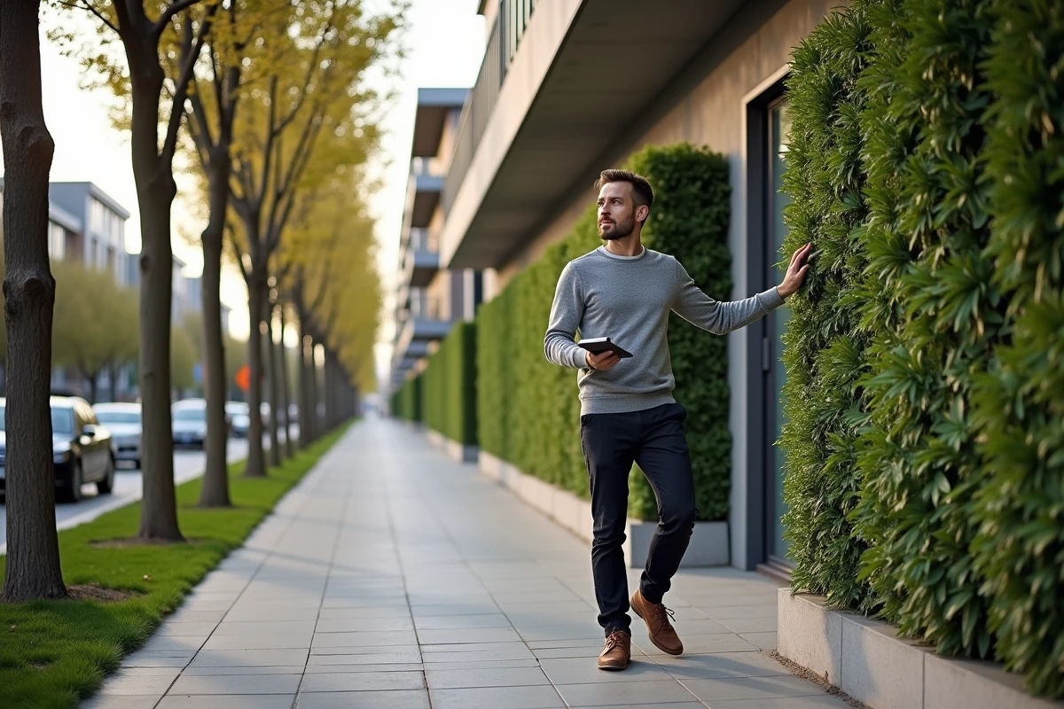Développeur immobilier inspectant un immeuble résidentiel écologique avec mur végétal et panneaux solaires en milieu urbain