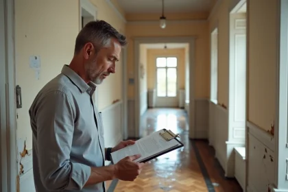 Propriétaire non-occupant inspectant des dégâts des eaux dans un appartement sinistré, tenant des documents d'assurance PNO