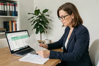 Propriétaire étudiant les documents de revalorisation de loyer basés sur l'indice ICC de l'INSEE à son bureau