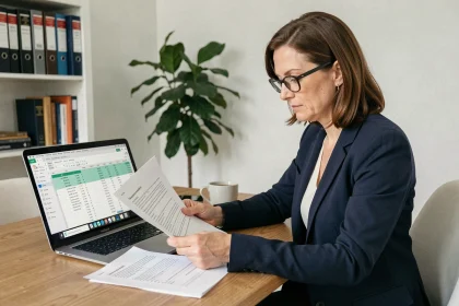 Propriétaire étudiant les documents de revalorisation de loyer basés sur l'indice ICC de l'INSEE à son bureau
