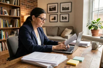 Propriétaire de location meublée révisant des documents légaux après un changement de loi sur son bureau à domicile