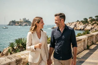 Couple élégant se promenant sur la Corniche Kennedy à Marseille avec vue sur la mer Méditerranée et le Château d'If