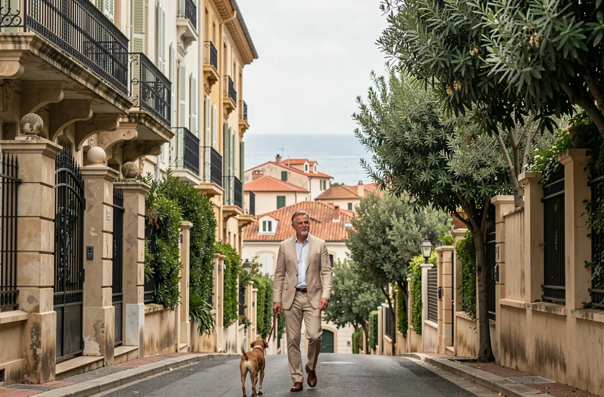 Avenue résidentielle chic du quartier Endoume à Marseille avec villas Belle Époque, jardins méditerranéens et vue partielle sur la mer