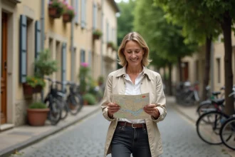 Femme se promenant sereinement dans un quartier résidentiel calme de Montluçon avec des façades en pierre traditionnelles