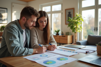 Jeune couple avec conseiller en rénovation énergétique dans un salon lumineux