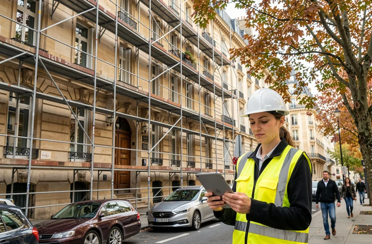 Architecte supervisant des travaux de rénovation d'un immeuble en copropriété avec échafaudage et façade haussmannienne