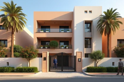 Façade d'une résidence sécurisée à vendre à Marrakech Guéliz avec gardien et portail en fer forgé