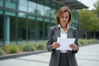 Responsable RSE d'une collectivité territoriale consultant un document de conformité devant un bâtiment public moderne à façade vitrée