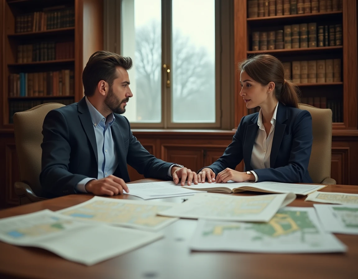 Deux professionnels analysant des documents de valorisation de terrain non constructible dans un bureau notarial