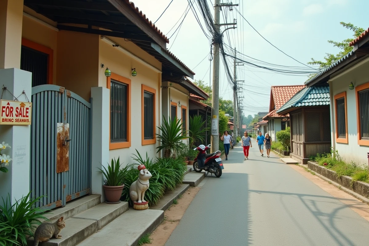 Rue résidentielle typique d'une ville de province thaïlandaise avec maisons modestes à vendre, reflet du marché immobilier accessible en Asie du Sud-Est