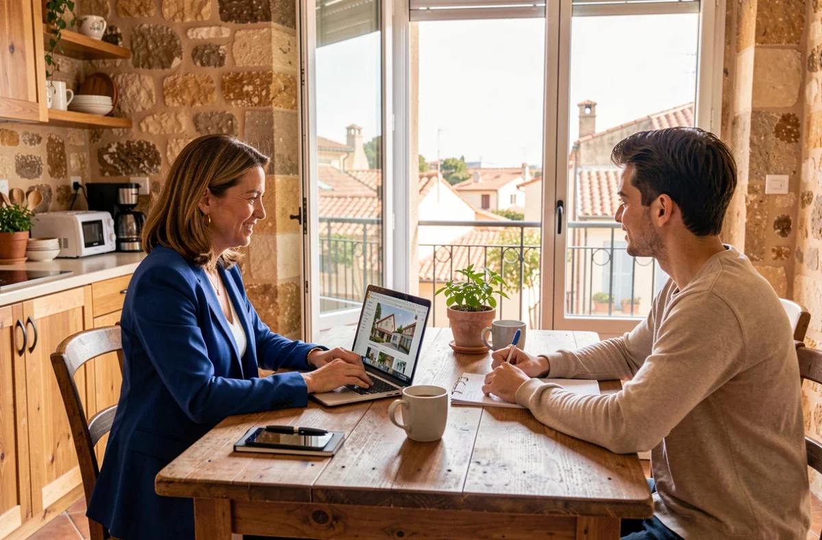 Conseillère SAFTI Marseille présentant des biens immobiliers à des clients dans un appartement marseillais