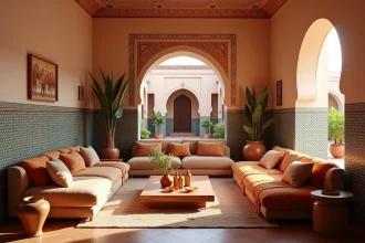 Salon d'une villa marocaine à Marrakech décorée avec des zelliges, des sofas en tissu terracotta et des bougies en décoration pour une mise en vente immobilière