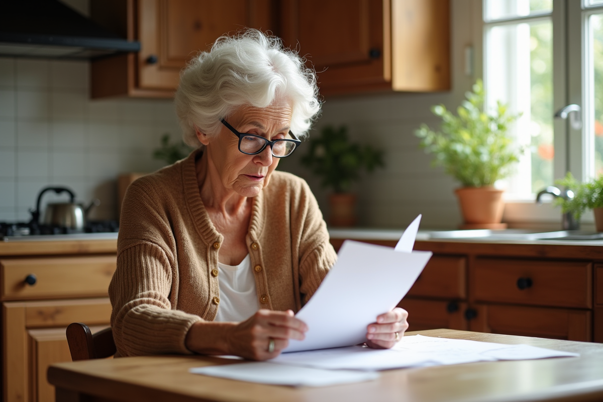 Femme senior examine des documents dans sa cuisine chaleureuse