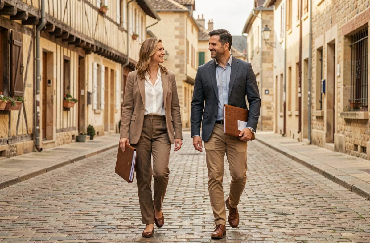 Duo de professionnels Sergic en déplacement dans le centre historique d'Orléans, Loiret et Indre-et-Loire