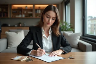 Jeune femme signant un contrat de location dans un appartement moderne