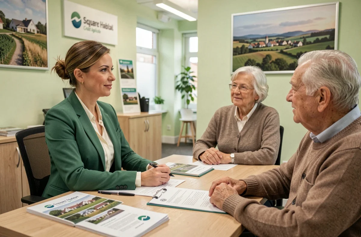 Conseillère Square Habitat en rendez-vous client dans une agence affiliée au réseau Crédit Agricole