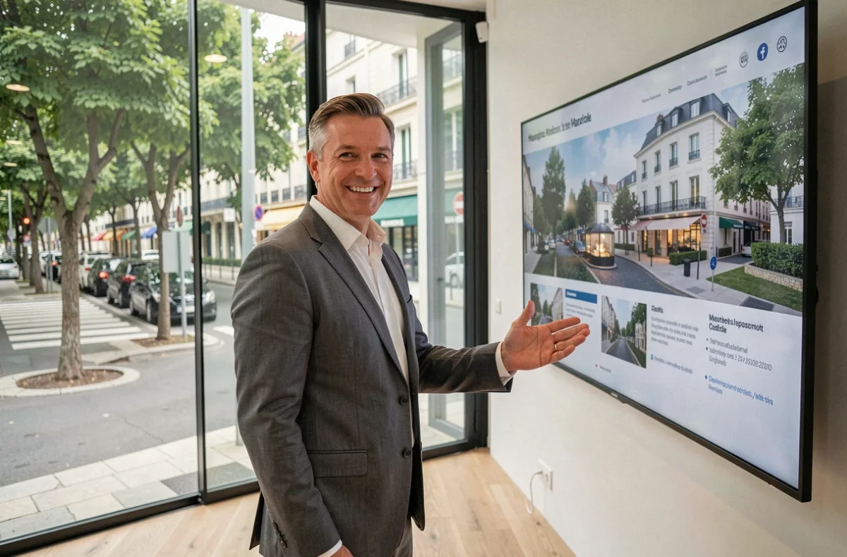 Agent Stéphane Plaza Immobilier dans l'agence marseillaise du 6e arrondissement devant les vitrines digitales
