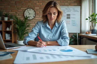 Femme d'affaires analysant des plans de rénovation et une stratégie de monétisation dans un bureau à domicile moderne