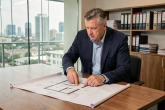 Syndic de copropriété analysant des plans de travaux pour un appel de fonds lors d'une réunion professionnelle