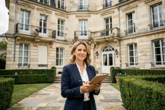 Gestionnaire de copropriété devant un immeuble résidentiel en Centre-Val de Loire