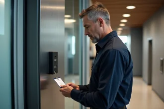 Technicien de sécurité tenant un badge Vigik devant un lecteur d'accès dans le hall d'un immeuble résidentiel moderne