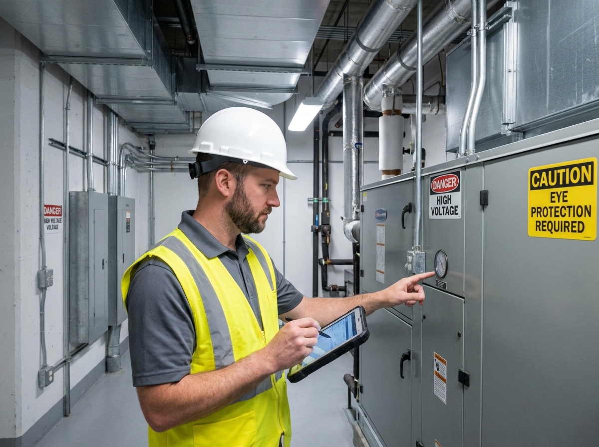 Technicien de maintenance inspectant les équipements techniques d'un immeuble dans une chaufferie industrielle