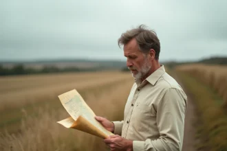 Homme étudiant un plan cadastral devant un terrain non constructible en milieu rural en France