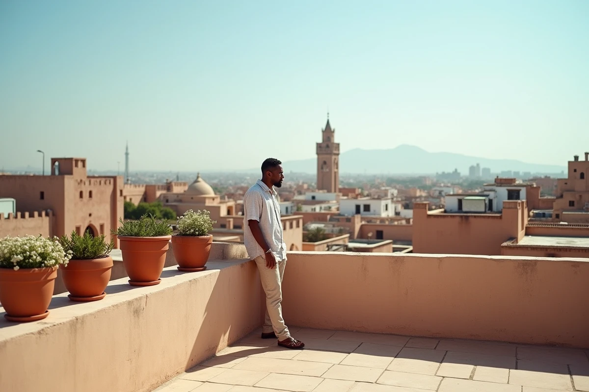 Terrasse d'appartement avec vue panoramique sur les toits de la médina de Marrakech