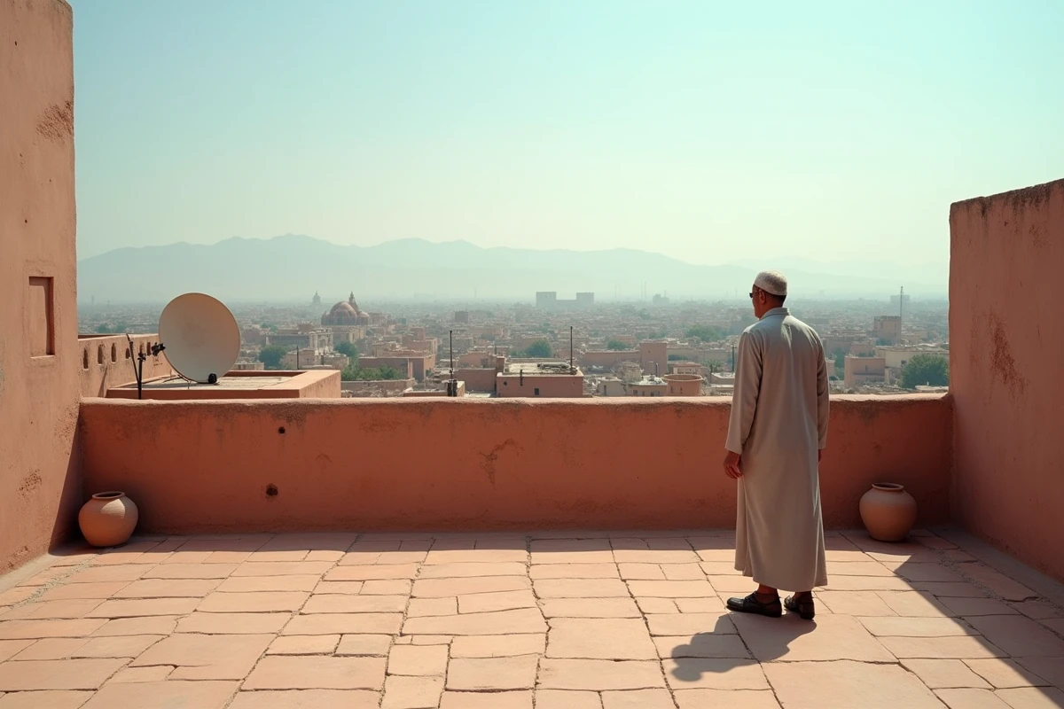 Terrasse d'un riad à rénover à Marrakech avec vue panoramique sur les toits de la médina et les montagnes de l'Atlas
